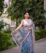 blue block printed saree