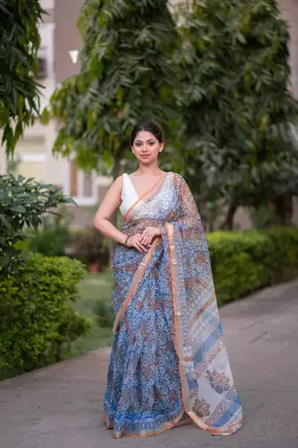 blue block printed saree