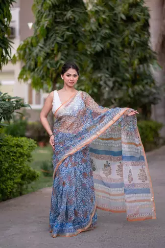 blue block printed saree