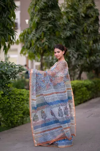 blue block printed saree