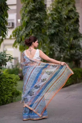 blue block printed saree