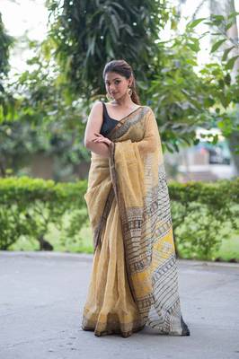 yellow ajrakh kota doria saree 1