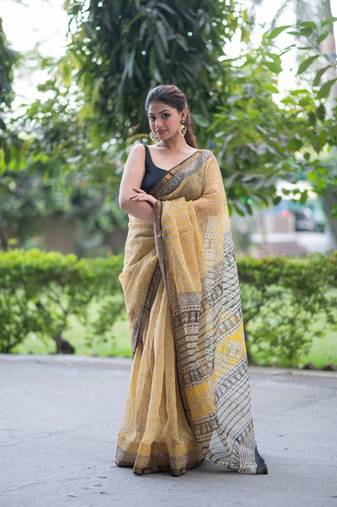 yellow ajrakh kota doria saree