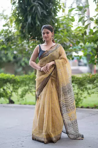 yellow ajrakh kota doria saree