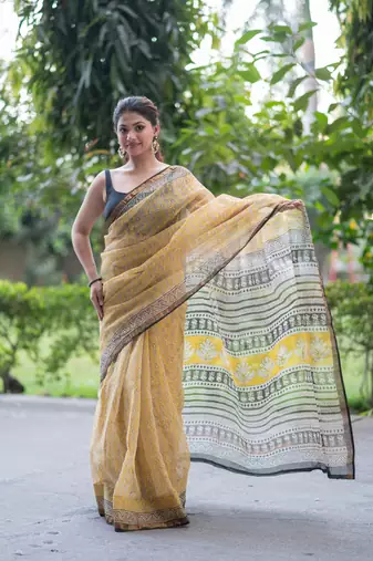 yellow ajrakh kota doria saree