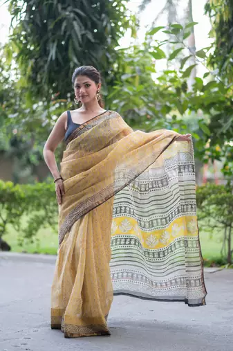 yellow ajrakh kota doria saree