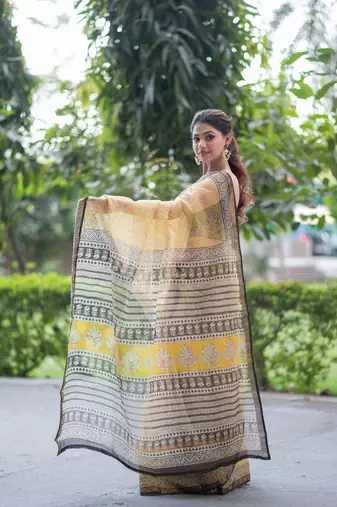 yellow ajrakh kota doria saree