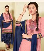 Baby Pink  and  Navy Blue Color Embroidered Semi Stitched Dress Material
