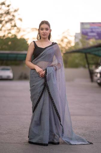 grey dotted kota doria saree
