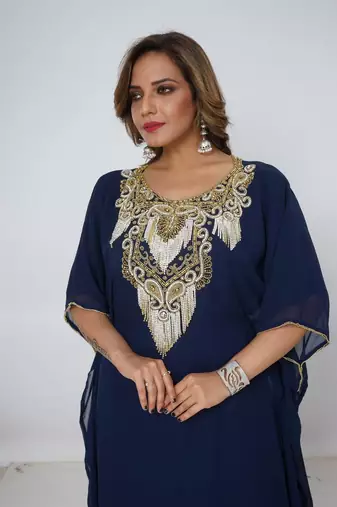 navy-blue  kaftan women dress long gown farasha morocco wear