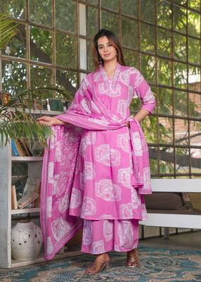 Cotton a-line kurti pant dupatta set 1