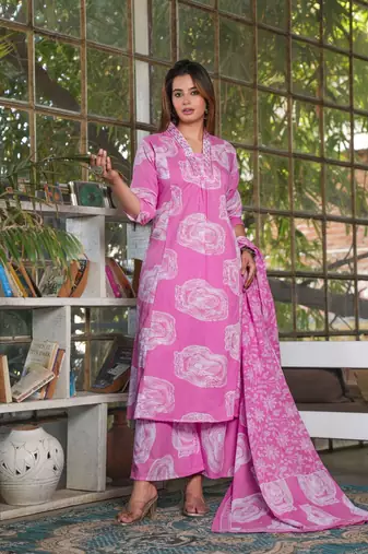 Cotton a-line kurti pant dupatta set