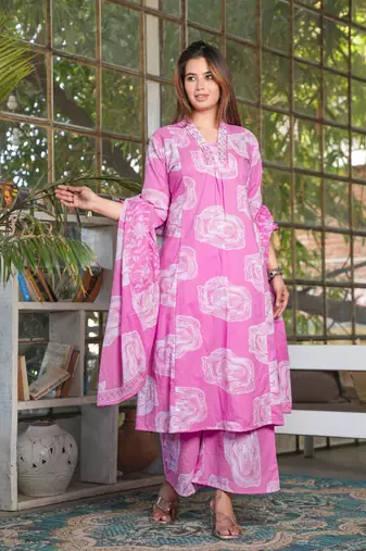 Cotton a-line kurti pant dupatta set