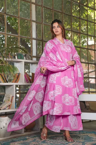 Cotton a-line kurti pant dupatta set