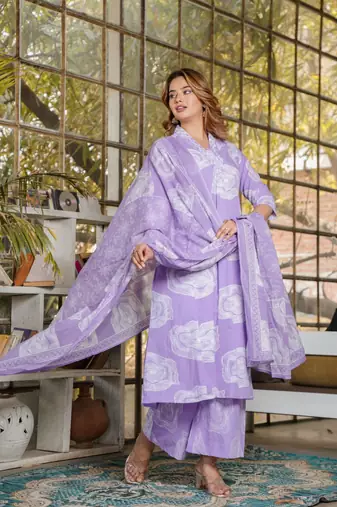 Cotton a-line kurti pant dupatta set