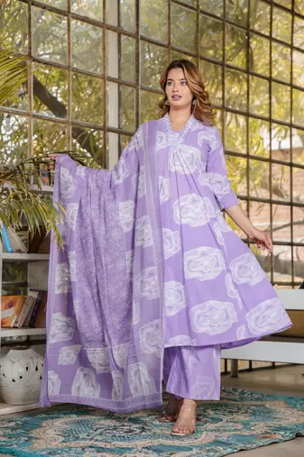 Cotton a-line kurti pant dupatta set