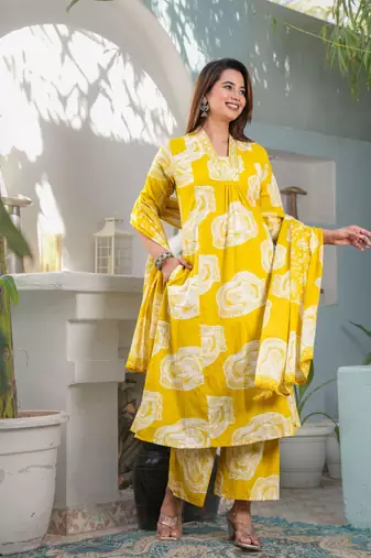 Cotton a-line kurti pant dupatta set