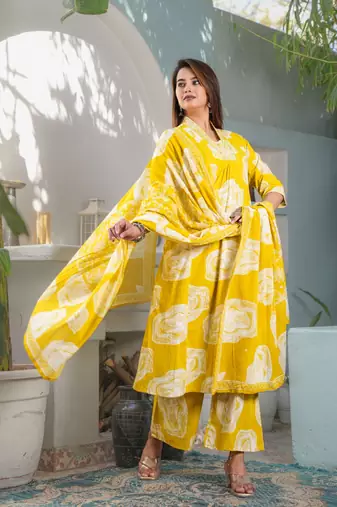 Cotton a-line kurti pant dupatta set