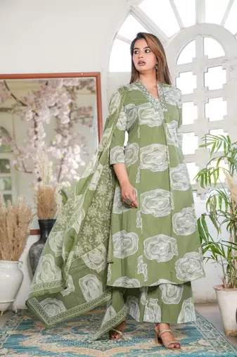 Cotton a-line kurti pant dupatta set