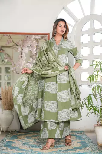 Cotton a-line kurti pant dupatta set