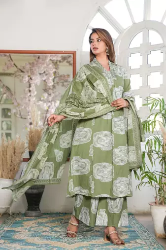 Cotton a-line kurti pant dupatta set