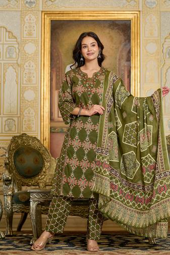 Cotton cambric  straight kurti pant dupatta set