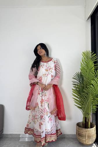 Cream Colour  Faux Georgette Digital Print With Embroidery Work Lace Fully Stitched Gown