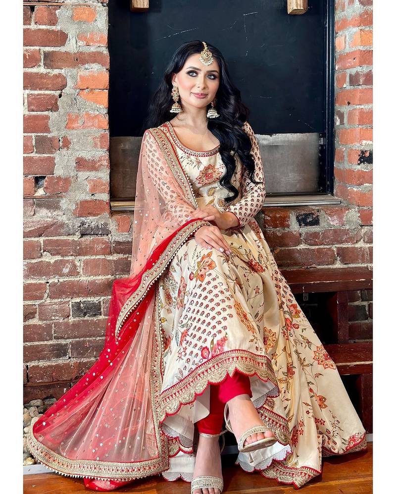 Cream Colour Chinnon Digital Print With Embroidery Work Lace Fully Stitched Gown