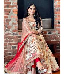 Cream Chinnon Digital Print With Embroidery Work Lace Fully Stitched Gown