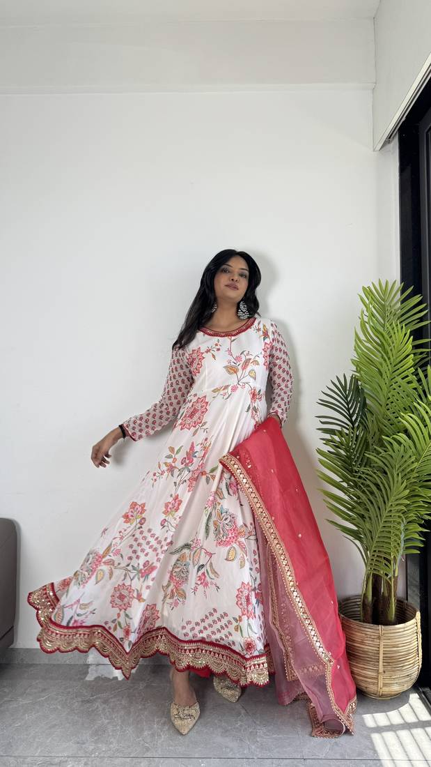 Cream Colour Faux Georgette Digital Print With Embroidery Work Lace Fully Stitched Gown