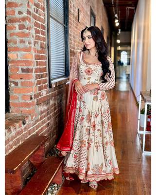 Cream Chinnon Digital Print With Embroidery Work Lace Fully Stitched Gown 3