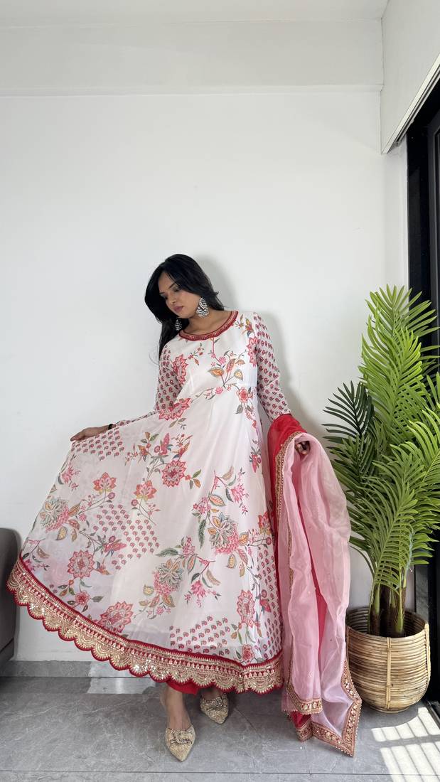 Cream Colour Faux Georgette Digital Print With Embroidery Work Lace Fully Stitched Gown