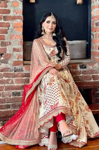 Cream Chinnon Digital Print With Embroidery Work Lace Fully Stitched Gown
