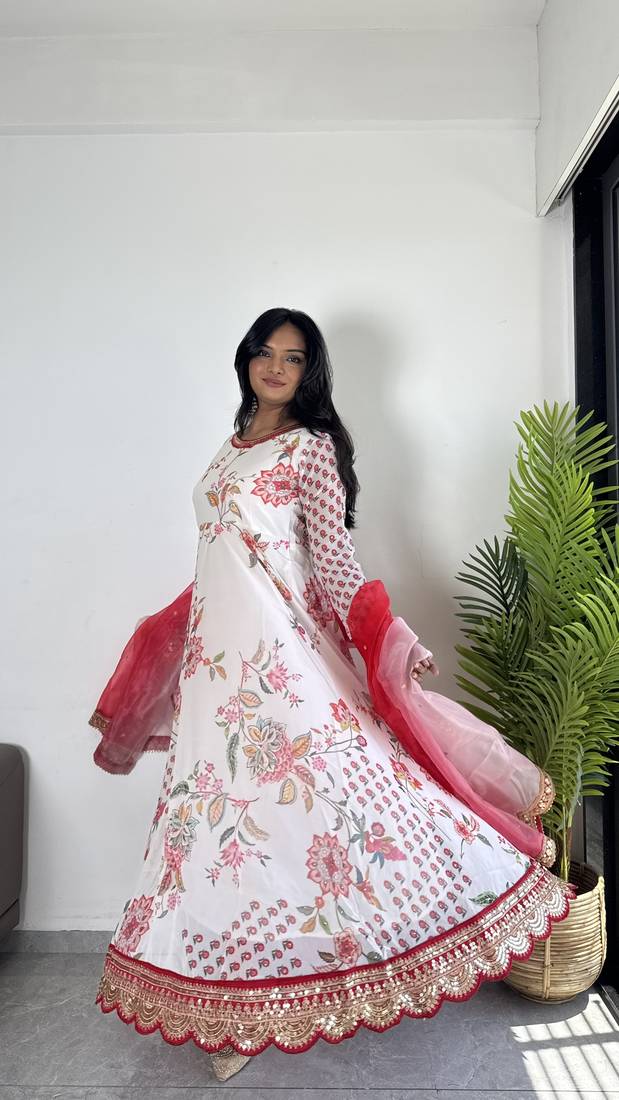 Cream Colour Faux Georgette Digital Print With Embroidery Work Lace Fully Stitched Gown