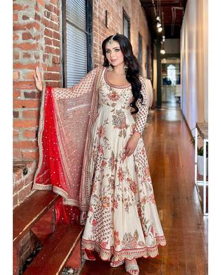 Cream Chinnon Digital Print With Embroidery Work Lace Fully Stitched Gown 5