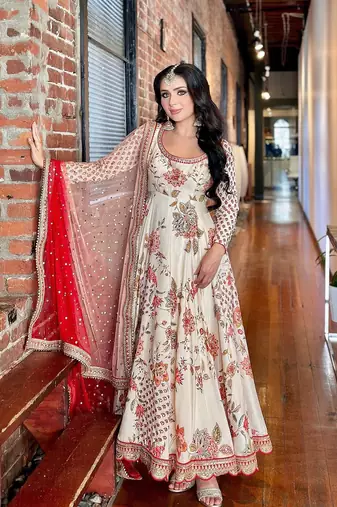 Cream Chinnon Digital Print With Embroidery Work Lace Fully Stitched Gown