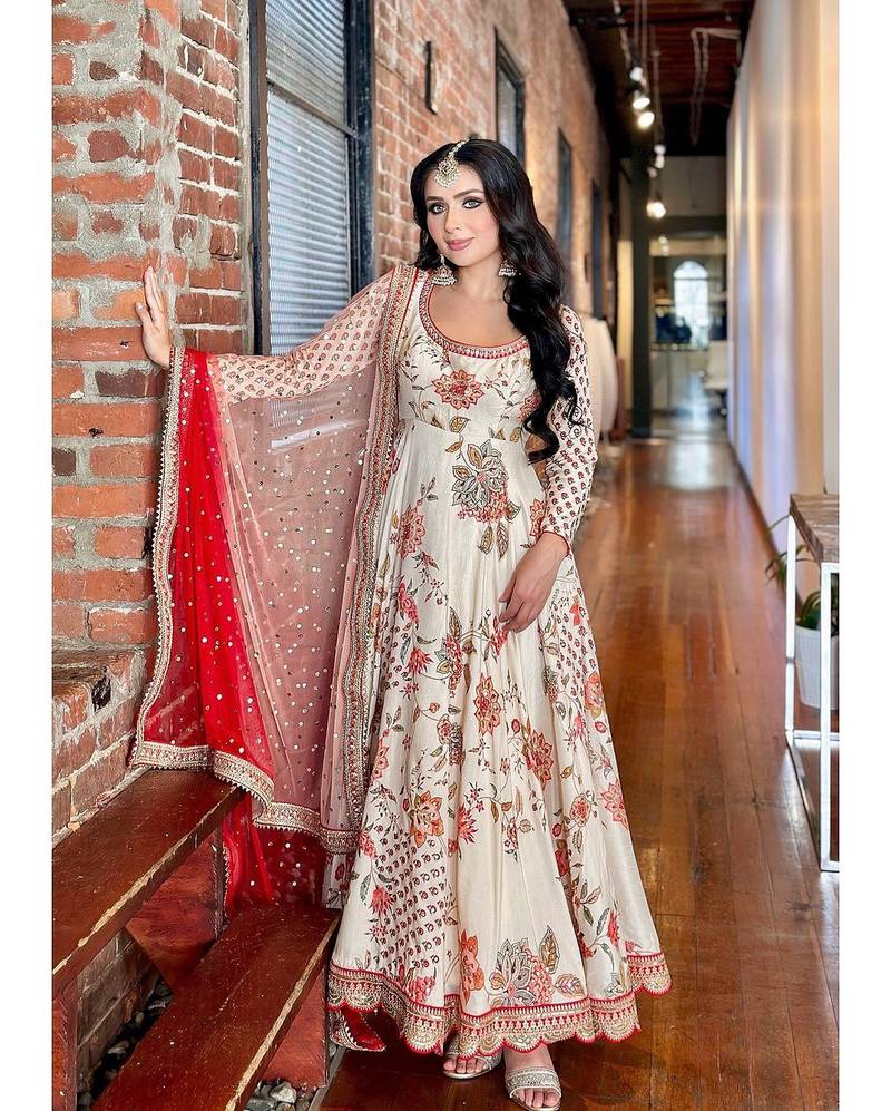 Cream Colour Chinnon Digital Print With Embroidery Work Lace Fully Stitched Gown