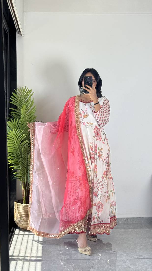 Cream Colour Faux Georgette Digital Print With Embroidery Work Lace Fully Stitched Gown