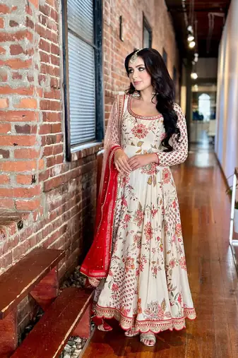 Cream Chinnon Digital Print With Embroidery Work Lace Fully Stitched Gown