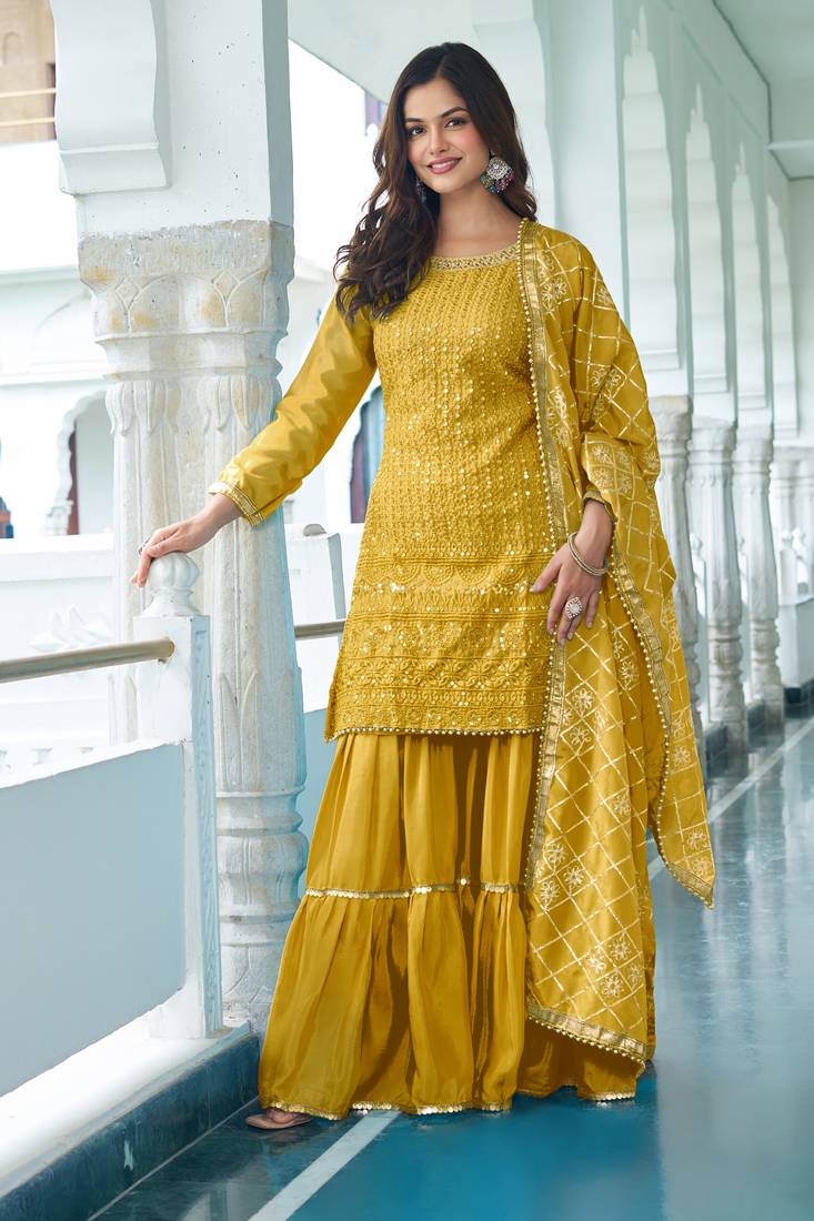 Yellow Colour Chinnon Silk Embroidery Work Fully Stitched Salwar Suit