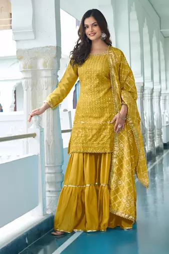Yellow Colour Chinnon Silk Embroidery Work Fully Stitched Salwar Suit