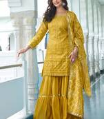 Yellow Colour Chinnon Silk Embroidery Work Fully Stitched Salwar Suit