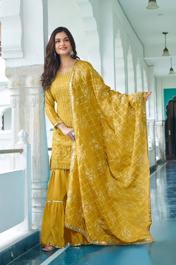 Yellow Colour Chinnon Silk Embroidery Work Fully Stitched Salwar Suit