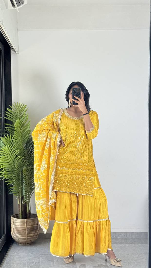 Yellow Colour Chinnon Silk Embroidery Work Fully Stitched Salwar Suit