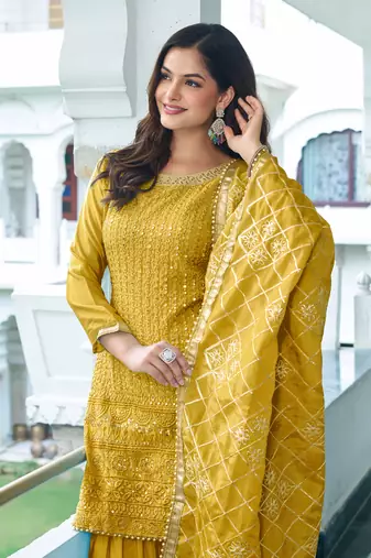 Yellow Colour Chinnon Silk Embroidery Work Fully Salwar Suit