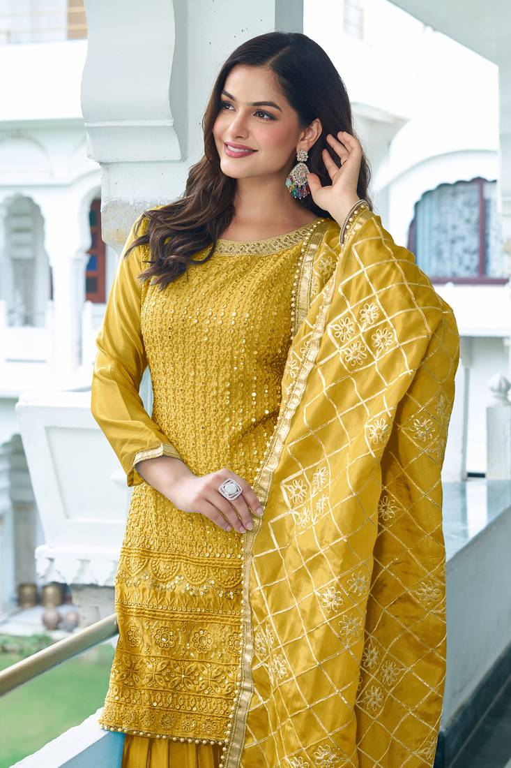 Yellow Colour Chinnon Silk Embroidery Work Fully Stitched Salwar Suit