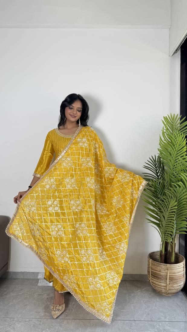 Yellow Colour Chinnon Silk Embroidery Work Fully Stitched Salwar Suit