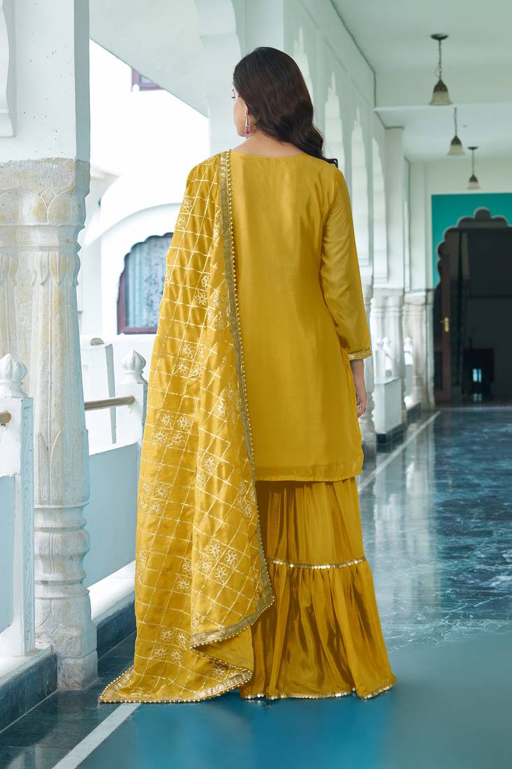Yellow Colour Chinnon Silk Embroidery Work Fully Stitched Salwar Suit