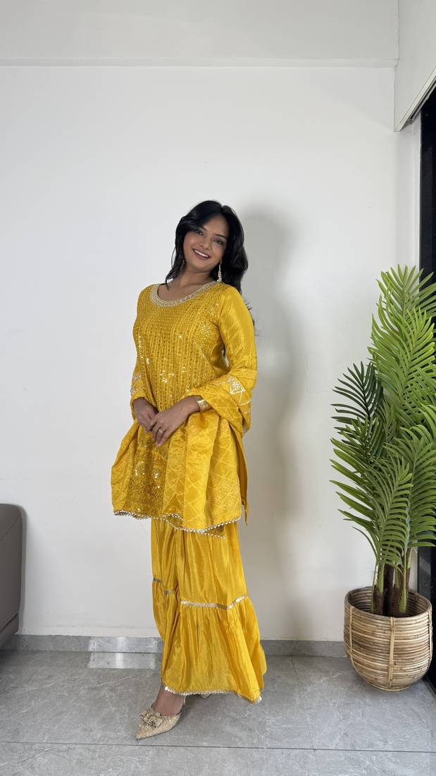 Yellow Colour Chinnon Silk Embroidery Work Fully Stitched Salwar Suit