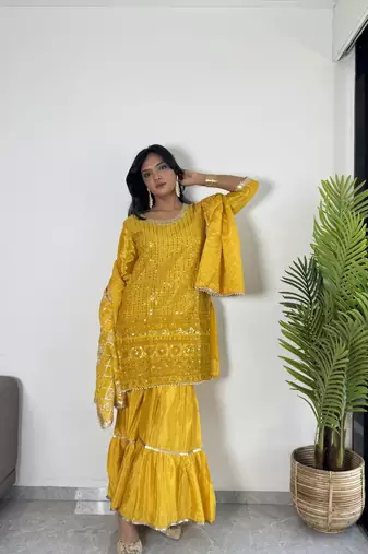 Yellow Colour Chinnon Silk Embroidery Work Fully Salwar Suit